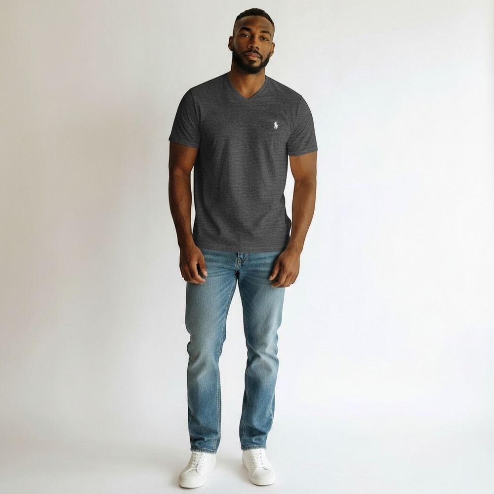 Polo Ralph Lauren Mens L Gray Short Sleeve V Neck Classic Fit Casual T-Shirt Top